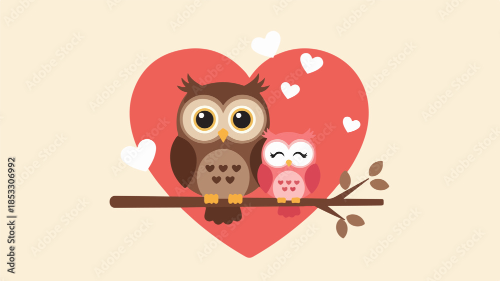 Fototapeta premium Two stylized owls perched on a branch with a red heart background
