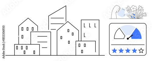 Urban development. Line art of buildings suggests growth, modern city life, and infrastructure. Customer satisfaction enhanced by a five-star rating system. Urban topics suit design, real estate