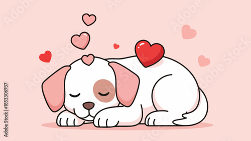 White puppy with pink ears and brown nose resting on stomach surrounded by red hearts on pink background