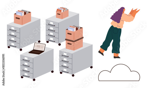 Filing cabinets with labeled boxes, open laptop, and cloud icon symbolize hybrid storage. Woman holding object adds movement. Ideal for productivity, data management, office workflow, digital