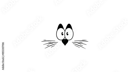 Simple black and white cartoon animal face illustration featuring big expressive eyes, a small nose, and long whiskers, comic style.