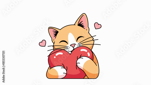 Relaxed cat with golden-brown fur holding a red heart and surrounded by pink hearts
