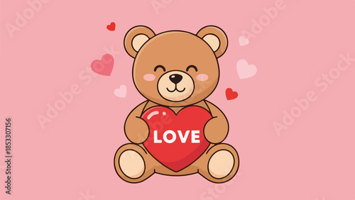 Brown teddy bear holding a red heart with the word love in a pink studio setting