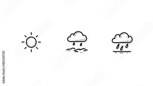 Hand drawn weather forecast icons set. Outline doodle style climate symbols including sun, rain cloud, and ground puddles.