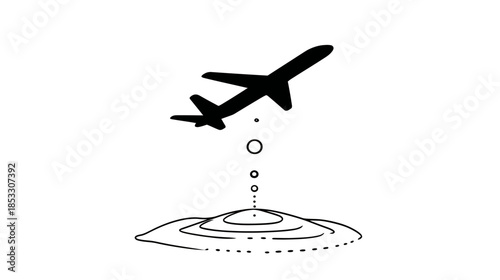 Minimalist hand drawn airplane taking off illustration with water ripples and rising bubbles, symbolizing air travel, flight, and departure.