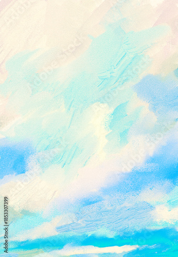 Impressionistic Cloudscape Seascape In Soft Pastels w/large clouds in periwinkle & aqua Sky Over Land & Sea -Digital Painting, Illustration, Art, in Pastel Aqua, Blue Lavender or Periwinkle & Green