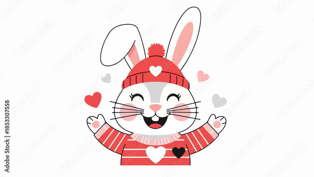 Fototapeta premium Cheerful rabbit with red hat and sweater, surrounded by floating hearts, vector illustration