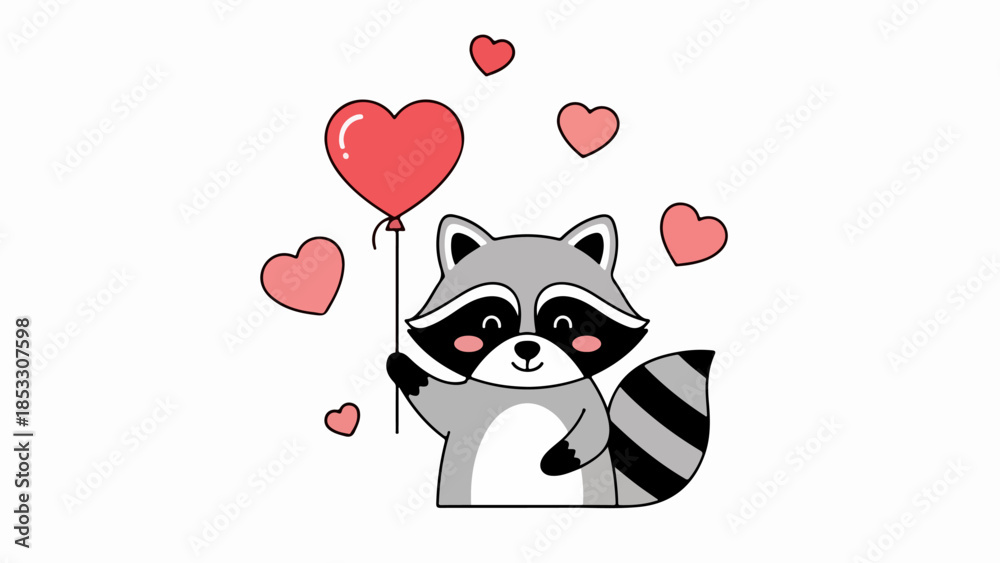 Fototapeta premium Whimsical illustration of a friendly raccoon holding a red heart-shaped balloon with floating hearts