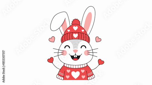 Cheerful illustrated rabbit with red knitted hat and sweater on light background