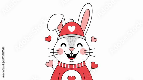 Cheerful rabbit with red hat and scarf, surrounded by hearts on light gray background