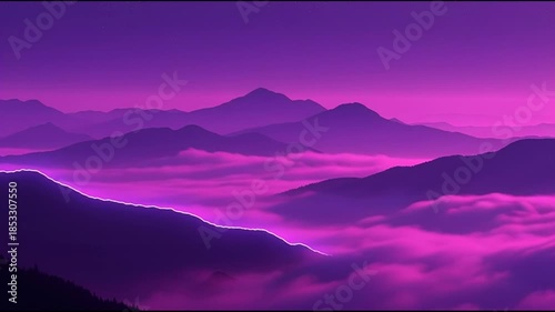 Purple Mountain Range During Sunset with Vibrant Clouds and Lightning Strike Aerial View