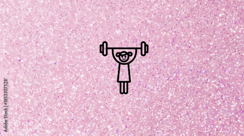 Stylized person icon lifting heavy barbell overhead on a sparkling pink glitter background, symbolizing strength, fitness, and empowerment.