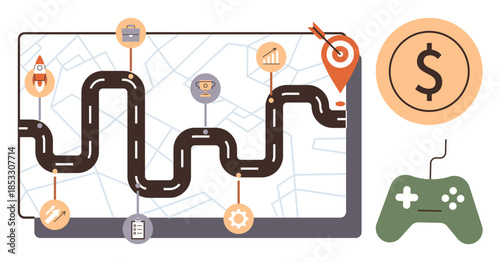 Business journey roadmap on screen with milestones, target, rocket, and gear. Dollar coin and game controller emphasize gamification. Ideal for strategy, goals, finance, gaming progress tech