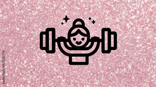 Empowered woman lifting barbell icon on a vibrant pink glitter background. Female strength, fitness, and workout illustration.