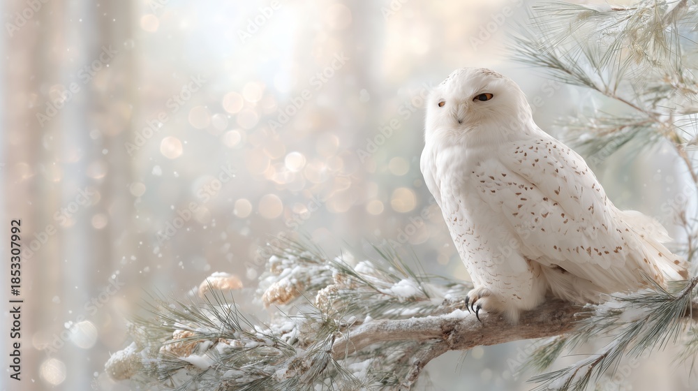 Obraz premium Snowy owl perched on a pine branch in a quiet winter setting with falling snow