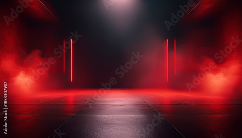 empty scene background dark background of empty room neon red light concrete floor smoke