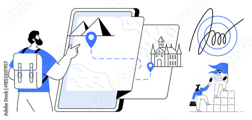 Travel, navigation, teamwork, remote work, tourism, signatures. A backpacker exploring a tablet map with landmarks and a signed document concept. Travel and navigation highlighted in design