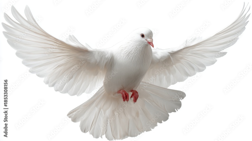 Fototapeta premium A white dove is flying in the air. The bird has red feet and a black beak