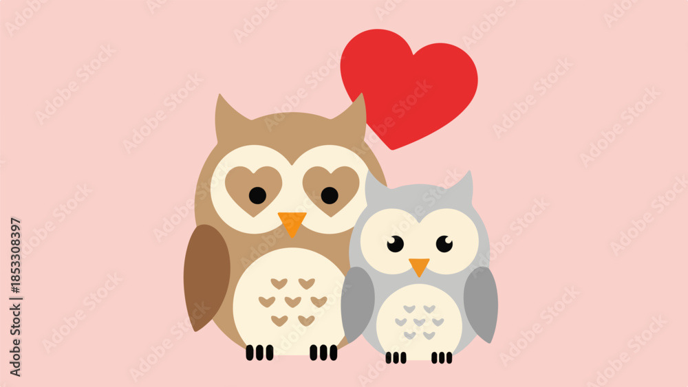 Fototapeta premium Whimsical illustration of two stylized owls with heart patterns on a soft pink background