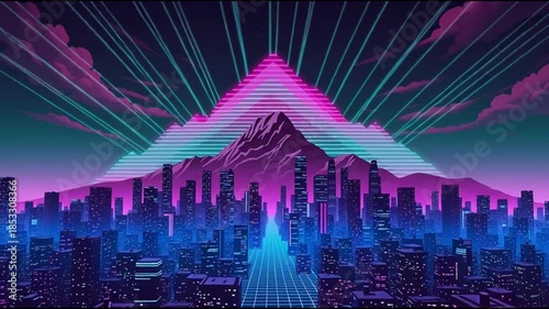 Futuristic Digital Mountain Skyline with Neon Grid and Cityscape Aerial View at Night