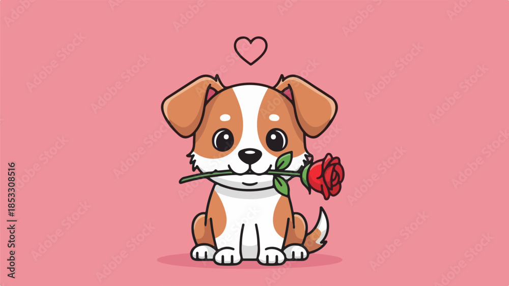 Obraz premium Cartoon dog holding a red rose with a heart above its head on a pink background