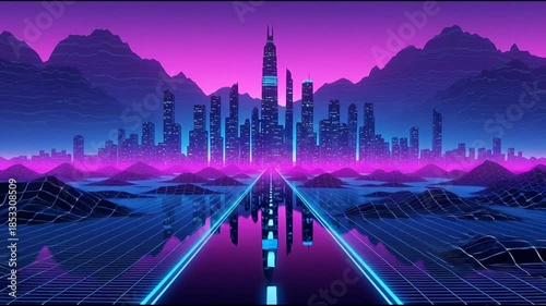 Futuristic cityscape with neon lights and digital grid in a sci-fi style with vibrant purple and blue hues