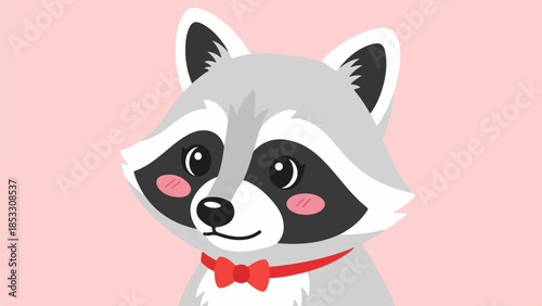 Charming illustrated raccoon with red bowtie on pink background