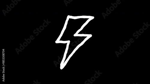 Bold White Hand-Drawn Lightning Bolt on Alpha Channel, Transparent Background Thunder Bolt Sketch, Hand Drawn Electric Power Icon Overlay, Minimalist Flash Symbol for Video Editing.
