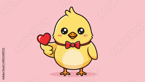 Cheerful cartoon chick with red bowtie holding a heart on light pink background