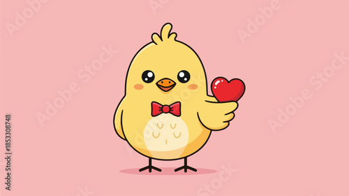 Cheerful cartoon chick with red bowtie holding a heart on pink background