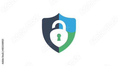 Data security shield with unlocked padlock sign protecting information