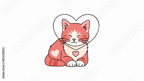 Whimsical pink and white cat illustration with heart-shaped collar and background
