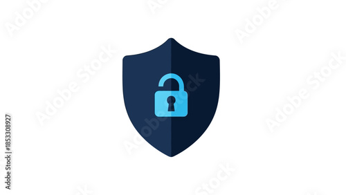 Dark blue security shield with an unlocked padlock icon