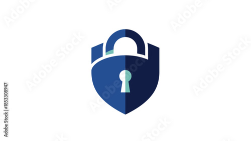 Blue security shield with padlock protecting information on white background