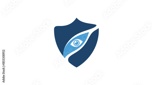 Eye icon inside shield protective emblem on white background
