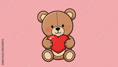 Brown teddy bear with red heart on pink background