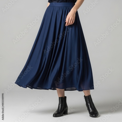 Flowy Navy Blue Chiffon Maxi Skirt with Black Boots, Elegant Bohemian Style for Women's Fashion Catalog