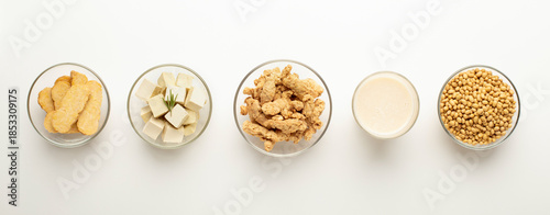Soy food swaps. Soybeans, soy milk, soymeat, tofu and tempeh in bowls on white background, panorama