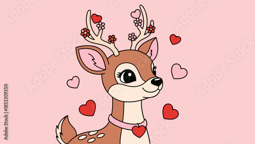 Stylized illustration of a female deer with a pink collar and heart pendant on a light pink background with floating hearts
