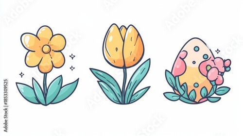 Stylized Minimalist Floral Springtime Illustrations with Daisies, Tulips, Eggs, and Leaves