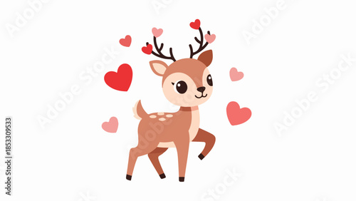 Whimsical illustration of a friendly deer with heart decorations and floating hearts on a neutral background