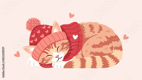 Light brown cat with darker stripes sleeping on a red pillow with white hearts and a knitted hat with a pom-pom