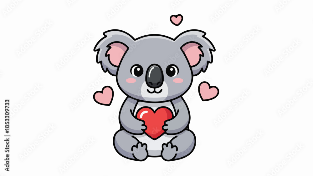 Fototapeta premium Cartoon koala holding a red heart with pink accents and floating hearts around it