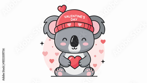 Cartoon koala with red beanie holding a heart on Valentine's Day background