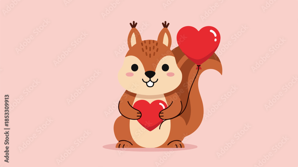 Fototapeta premium Charming illustrated squirrel holding a red heart with a smaller heart floating above its head