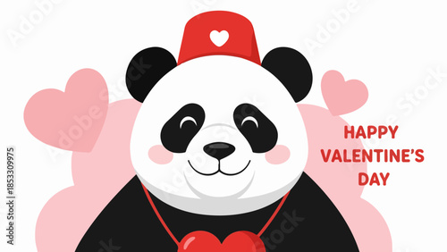 Digital illustration of a panda with a red hat and heart pendant on a pink background with scattered hearts and Happy Valentine's Day text