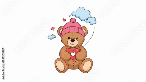 Plush teddy bear with pink knitted hat and red heart on light beige background