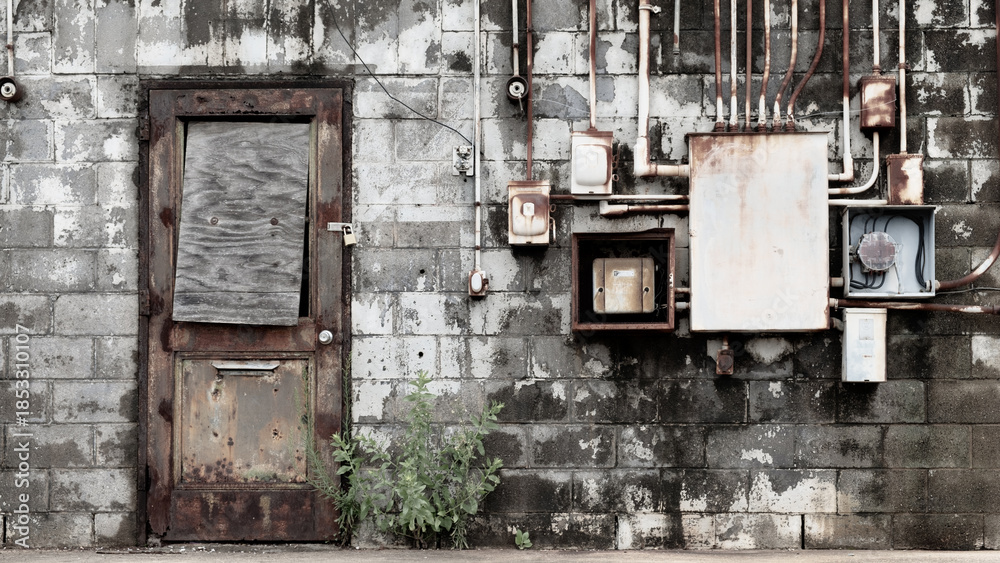 Naklejka premium Old and out of date industrial building with rusty electrical components