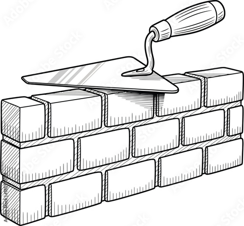 Engraving style sketch of a masonry trowel with a wooden handle on a partially constructed brick wall.