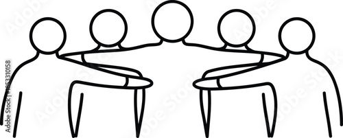 Five minimalist line art figures standing together in a supportive group embrace symbolizing unity.